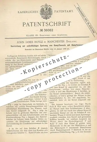 original Patent - John James Royle , Manchester , England , 1886 , Speisung von Dampfkessel mit Dampfwasser | Kessel !!!