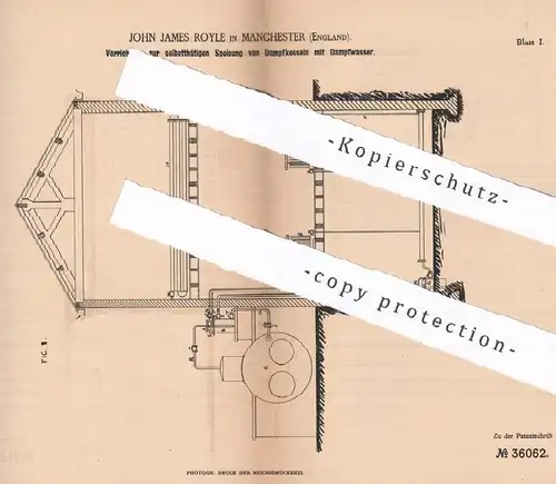 original Patent - John James Royle , Manchester , England , 1886 , Speisung von Dampfkessel mit Dampfwasser | Kessel !!!