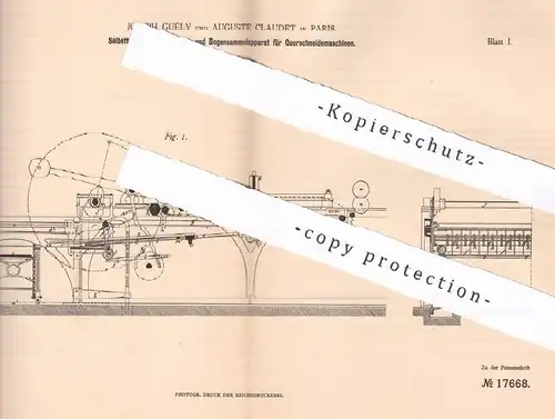 original Patent - Joseph Guély , Auguste Claudet , Paris , Frankreich , 1881 , Querschneidemaschine | Papier | Verny !