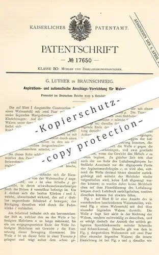 original Patent - G. Luther , Braunschweig , 1881 , Anschlag für Walzenstuhl | Mühle , Mühlen , Walze , Walzwerk !!