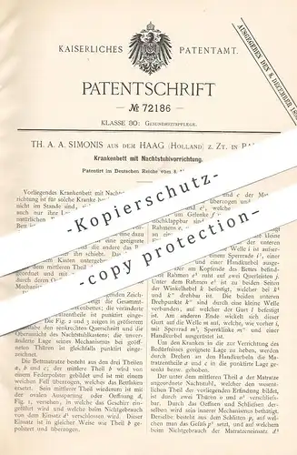 original Patent - Th. A. A. Simonis aus dem Haag , Holland , Paris , Frankreich , 1893 , Krankenbett mit Stuhl | Bett !