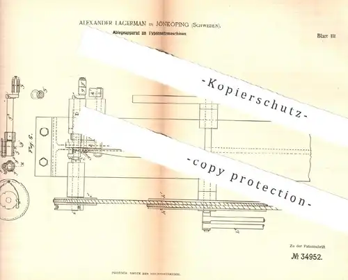 original Patent - Alexander Lagerman , Jönköping , Schweden , 1885 , Ablageapparat an Typensetzmaschine | Setzer , Druck