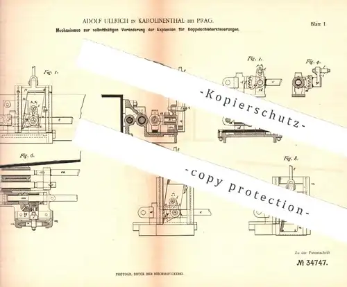 original Patent - Adolf Ullrich , Karolinenthal / Prag , 1885 , Expanion an Doppelschiebersteuerung | Dampfmaschine !!