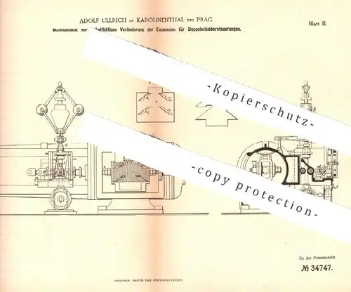 original Patent - Adolf Ullrich , Karolinenthal / Prag , 1885 , Expanion an Doppelschiebersteuerung | Dampfmaschine !!