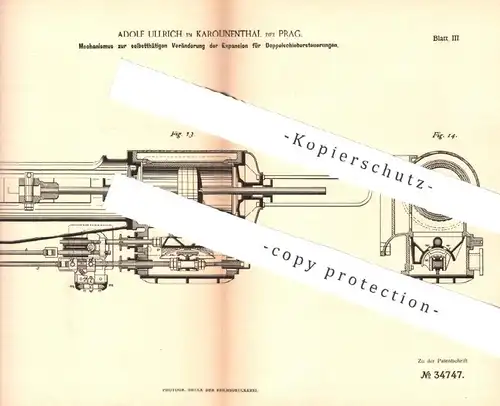 original Patent - Adolf Ullrich , Karolinenthal / Prag , 1885 , Expanion an Doppelschiebersteuerung | Dampfmaschine !!