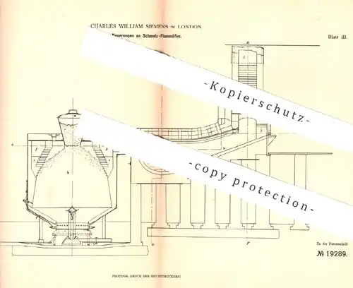 original Patent - Charles William Siemens , London , England 1881 , Schmelzflammofen | Schmelzofen | Ofen , Öfen , Eisen