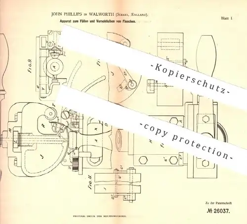 original Patent - John Phillips , Walworth , Surrey , England 1883 | Füllen u. Verschließen von Flaschen | Flasche