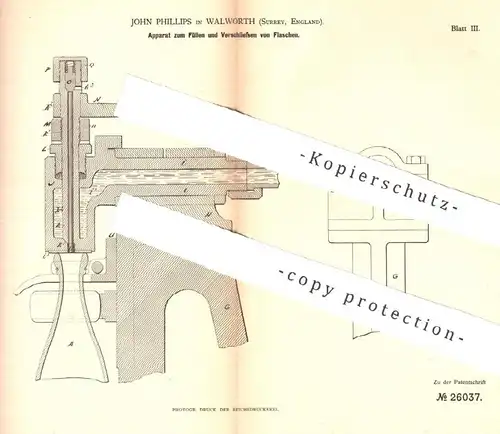 original Patent - John Phillips , Walworth , Surrey , England 1883 | Füllen u. Verschließen von Flaschen | Flasche