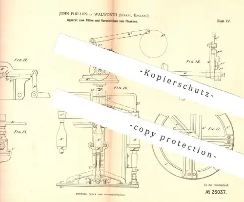 original Patent - John Phillips , Walworth , Surrey , England 1883 | Füllen u. Verschließen von Flaschen | Flasche