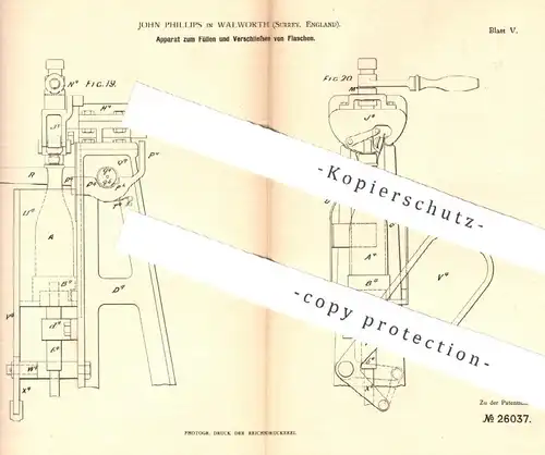 original Patent - John Phillips , Walworth , Surrey , England 1883 | Füllen u. Verschließen von Flaschen | Flasche