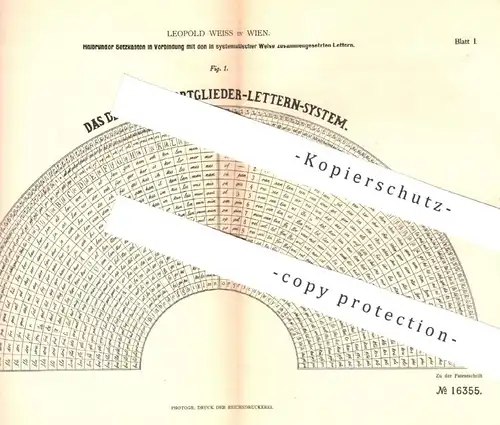 original Patent - Leopold Weiss , Wien , Österreich , 1881 , Halbrunder Setzkasten | Letter , Druck , Druckerei !!!