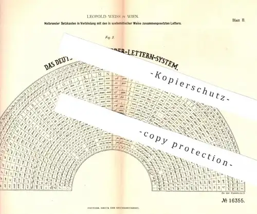 original Patent - Leopold Weiss , Wien , Österreich , 1881 , Halbrunder Setzkasten | Letter , Druck , Druckerei !!!