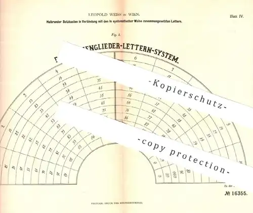 original Patent - Leopold Weiss , Wien , Österreich , 1881 , Halbrunder Setzkasten | Letter , Druck , Druckerei !!!