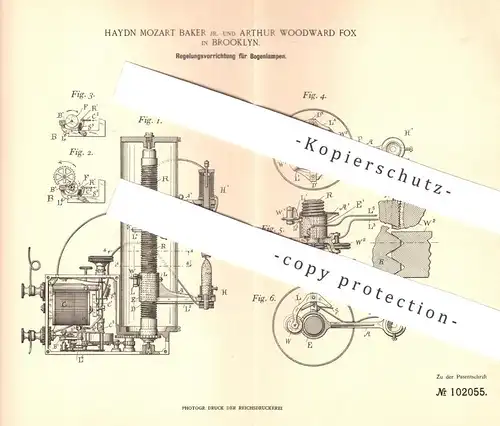 original Patent - Haydn Mozart Baker , Arthur Woodward Fox , Brooklyn 1897 | Regelung für Bogenlampen | Lampe , Brenner