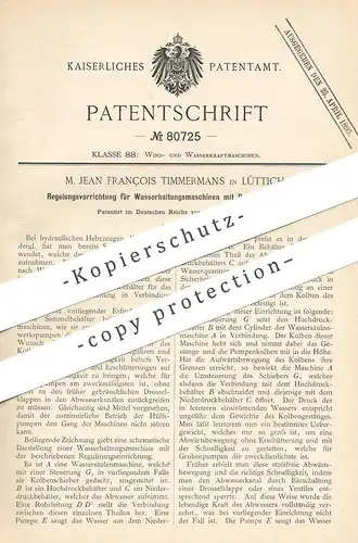 original Patent - M. Jean François Timmermans , Lüttich , 1893 , Regelung für Wasserhaltungsmaschinen mit Druckwasser !!