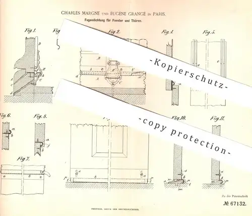 original Patent - Charles Margne , Eugène Grangé , Paris , Frankreich | Fugendichtung für Fenster & Türen | Fensterbauer