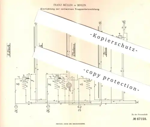 original Patent - Franz Müller , Berlin , 1892 , zeitweise Treppenbeleuchtung | Licht , Lampe , Strom , Akkumulator !!!