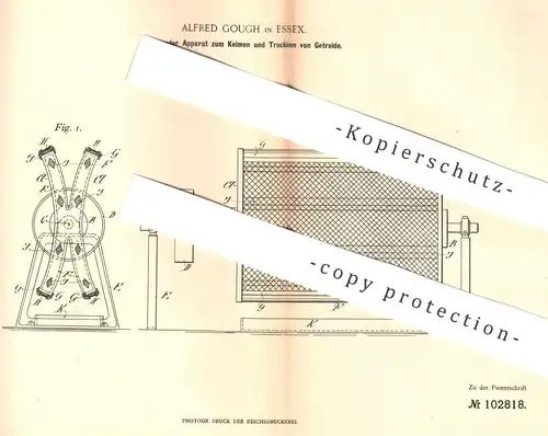 original Patent - Alfred Gough , Essex , 1898 , Keimen u. Trocknen von Getreide , Malz | Bier , Brauerei , Brennerei !!