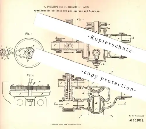 original Patent - A. Philippe , H. Hugot , Paris , Frankreich , 1897 , Hydraulik - Gestänge mit Umsteuerung u. Regelung