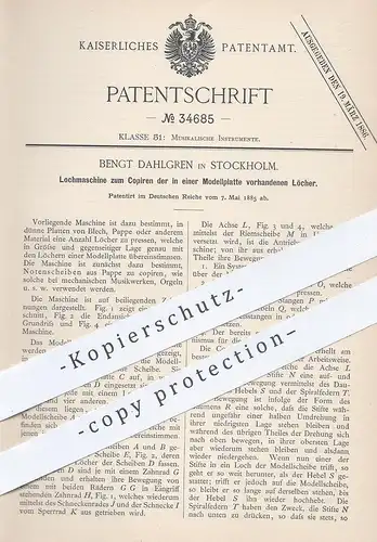 original Patent - Bengt Dahlgren , Stockholm , Schweden , 1885 , Lochmaschine | Musik , Noten , Notenscheibe !!