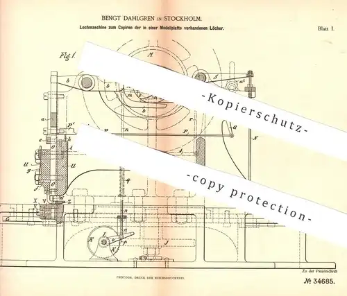 original Patent - Bengt Dahlgren , Stockholm , Schweden , 1885 , Lochmaschine | Musik , Noten , Notenscheibe !!