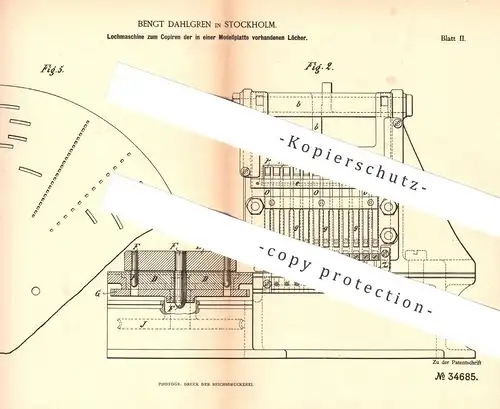 original Patent - Bengt Dahlgren , Stockholm , Schweden , 1885 , Lochmaschine | Musik , Noten , Notenscheibe !!