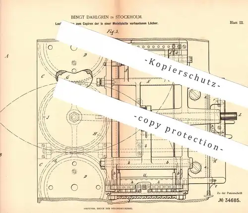 original Patent - Bengt Dahlgren , Stockholm , Schweden , 1885 , Lochmaschine | Musik , Noten , Notenscheibe !!