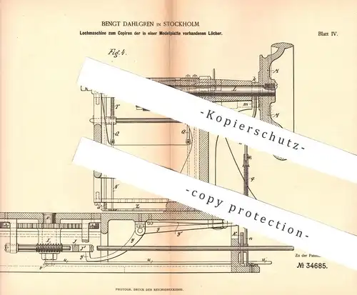 original Patent - Bengt Dahlgren , Stockholm , Schweden , 1885 , Lochmaschine | Musik , Noten , Notenscheibe !!