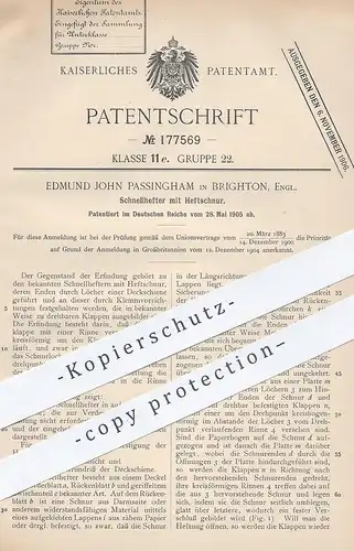 original Patent - Edmund John Passingham , Brigthon England , 1905 , Schnellhefter mit Heftschnur | Ordner , Aktenordner