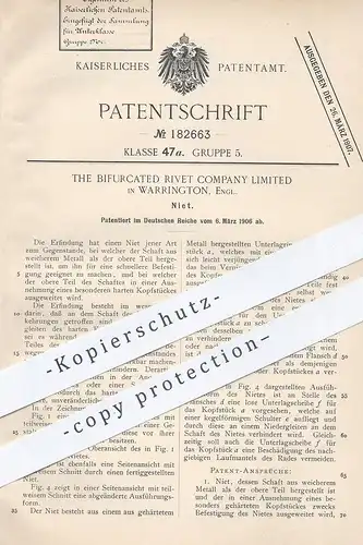 original Patent - The Bifurcated Rivet Company Limited , Warrington , England , 1906 , Niet | Niete , Nieten | Metall !!