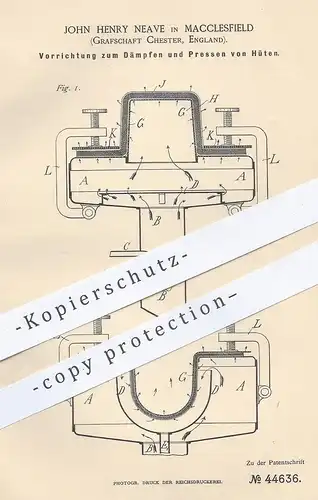 original Patent - John Henry Neave , Macclesfield , Chester , England , 1887 , Dämpfen & Pressen der Hüte | Hut , Modist