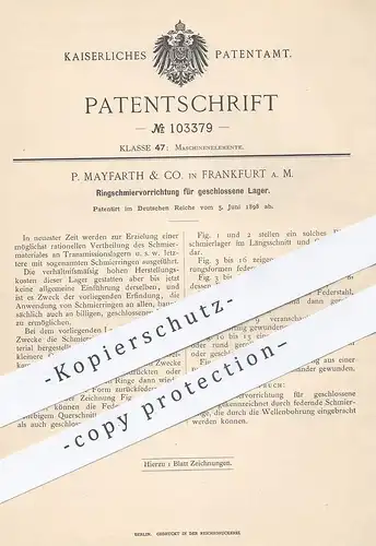 original Patent - P. Mayfarth & Co. , Frankfurt / Main , 1898 , Ringschmiervorrichtung für geschlossene Lager | Öl !!