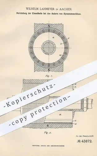 original Patent - Wilhelm Lahmeyer , Aachen , 1887 , Herst. der Eisenteile an Dynamo - Maschinen | Foucault | Strom !!!