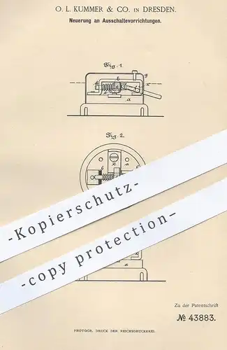 original Patent - O. L. Kummer & Co. , Dresden , 1887 , Ausschalter | Lichtschalter | Elektrik , Strom | Elektriker !!