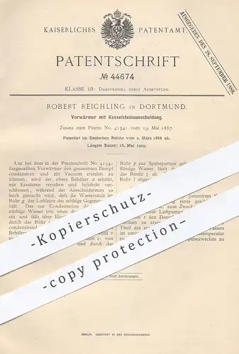 original Patent - Robert Reichling , Dortmund , 1888 , Vorwärmer mit Kesselsteinausscheidung | Dampfkessel , Kessel !!!