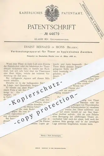 original Patent - Ernest Bernard , Mons , Belgien , 1888 , Verdunstungsapparat für Teer | Desinfektion , Medizin !!