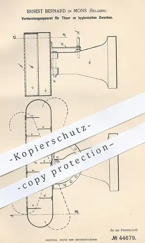 original Patent - Ernest Bernard , Mons , Belgien , 1888 , Verdunstungsapparat für Teer | Desinfektion , Medizin !!