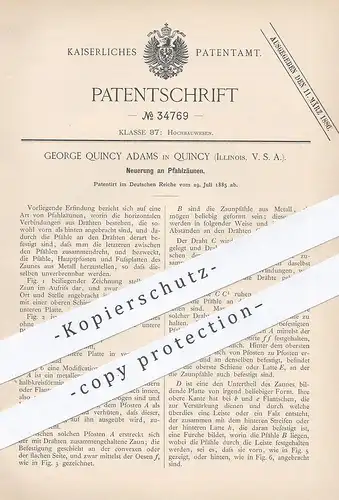 original Patent - George Quincy Adams , Quincy , Illinois , USA , 1885 , Pfahlzaun | Pfahl - Zaun | Drahtzaun !!!