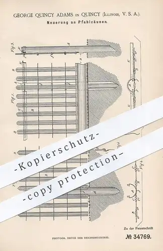 original Patent - George Quincy Adams , Quincy , Illinois , USA , 1885 , Pfahlzaun | Pfahl - Zaun | Drahtzaun !!!