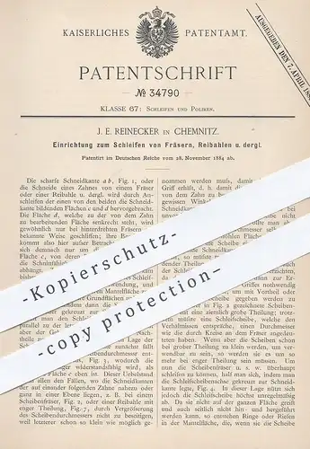 original Patent - J. E. Reinecker , Chemnitz 1884 , Schleifen von Fräser , Reibahle | Fräsen , Werkzeug , Schleifscheibe