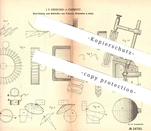 original Patent - J. E. Reinecker , Chemnitz 1884 , Schleifen von Fräser , Reibahle | Fräsen , Werkzeug , Schleifscheibe
