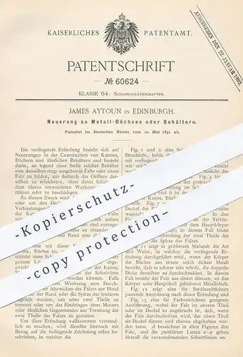 original Patent - James Aytoun , Edinburgh , 1891 , Metall - Büchse , Behälter , Dose , Kanne , Blechdose | Blech !!