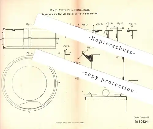 original Patent - James Aytoun , Edinburgh , 1891 , Metall - Büchse , Behälter , Dose , Kanne , Blechdose | Blech !!