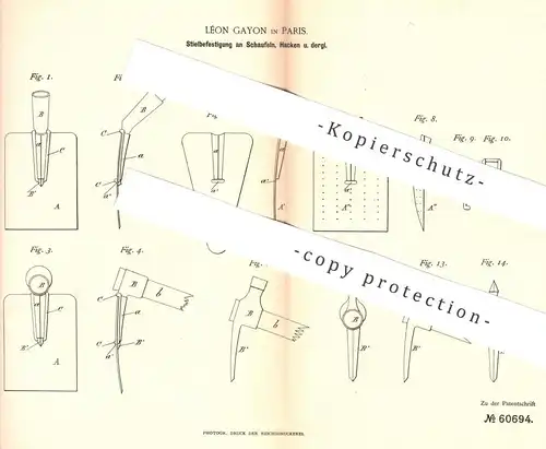 original Patent - Léon Gayon , Paris , Frankreich , 1891 , Stiel - Befestigung an Schaufel , Hacke , Besen | Werkzeug !!