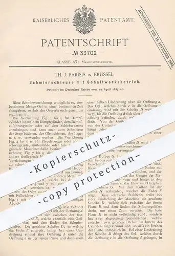 original Patent - Th. J. Parisis , Brüssel , 1885 , Schmierschleuse mit Schaltwerksbetrieb | Öl , Motor , Getriebe !!