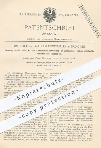 original Patent - Ernst Ruf , Wilhelm Kumpfmiller ,  München , 1888 , Drehbank - auch Reitstock und Support | Metall !!!