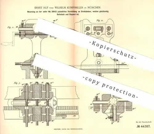 original Patent - Ernst Ruf , Wilhelm Kumpfmiller ,  München , 1888 , Drehbank - auch Reitstock und Support | Metall !!!