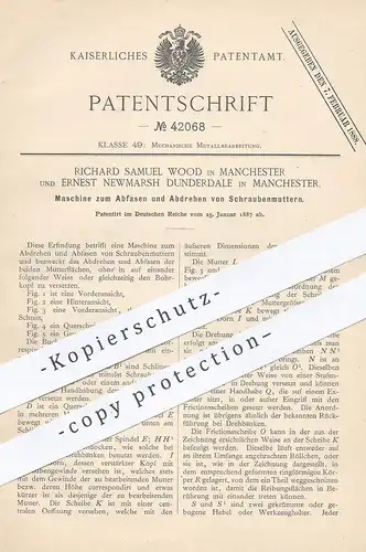 original Patent - Richard Samuel Wood , Ernest Newmarsh Dunderdale , Manchester , 1887 , Drehbank für Schraubenmuttern