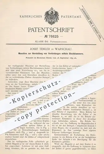 original Patent - Josef Temler , Warschau , 1893 , Verbindungen mittels Blechklammer | Heftklammer | Papier , Buchbinder