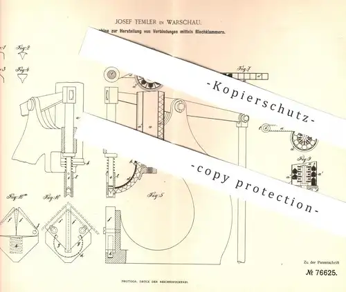 original Patent - Josef Temler , Warschau , 1893 , Verbindungen mittels Blechklammer | Heftklammer | Papier , Buchbinder